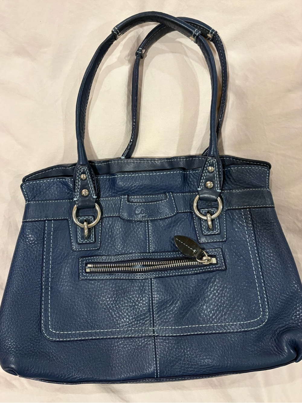 Coach Deep Navy Leather Shoulder Tote with Front Zip Pocket